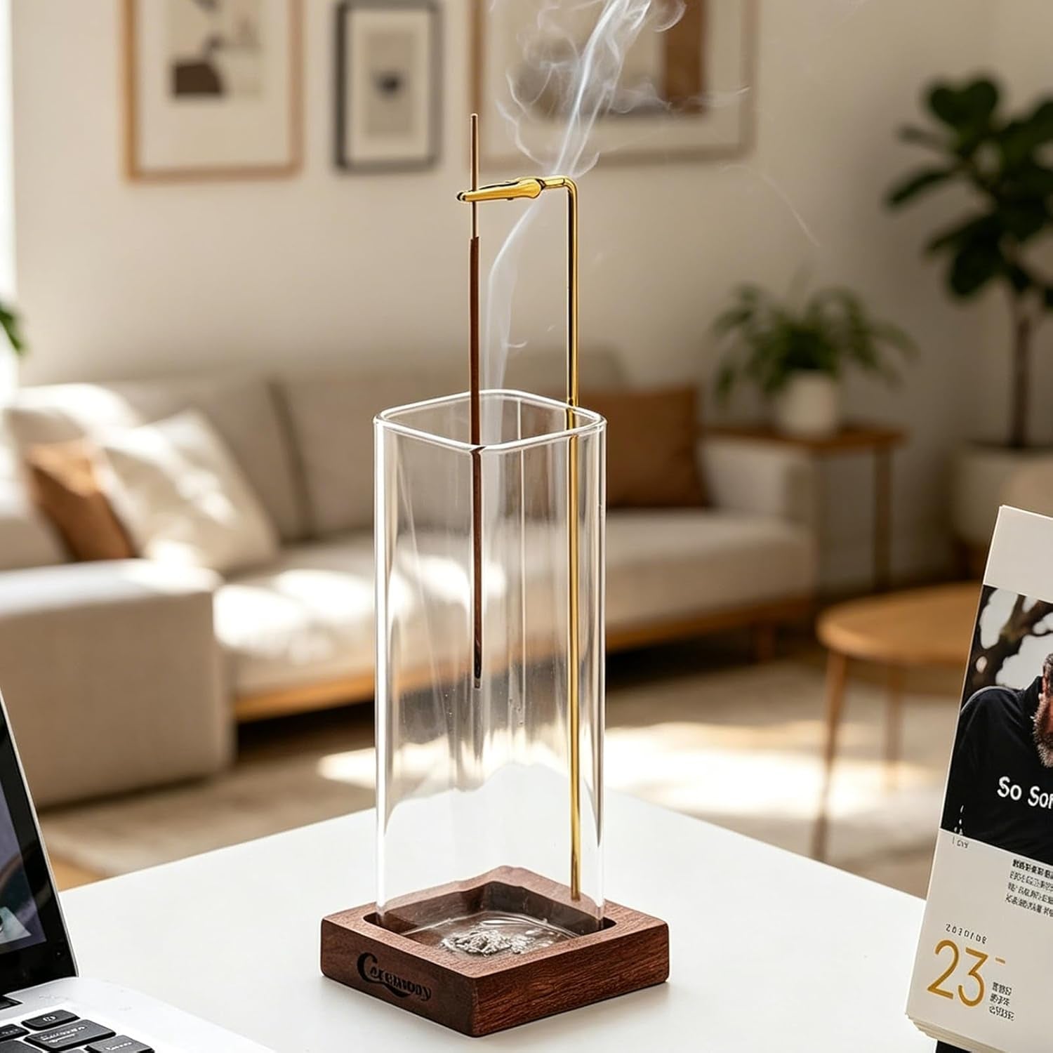 Incense Holder, Wooden Incense Holder for Sticks with Glass Ash Catcher, Anti-Ash Incense Burner with 20 Incense Sticks and a Ash Brush for Meditation Yoga Spa Room Decor