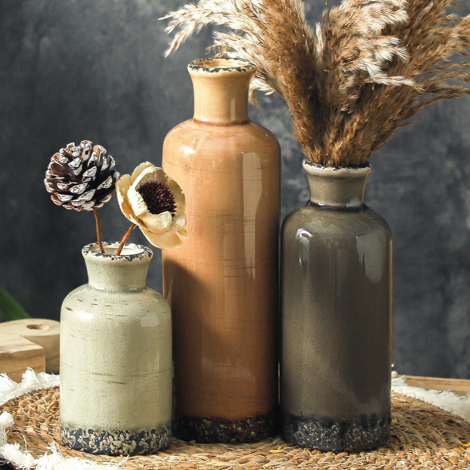 Vintage Vase Set of 3, Ceramic Vintage Flower Vases, Chinoiserie Decorative Home Decor Retro Floral Vase Rustic Farmhouse Decor for Table Bookshelf Mantel Kitchen Living Room Office - Green and Beige