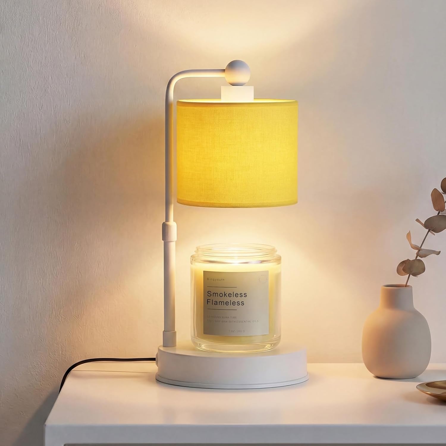 Candle Warmer Lamp with Timer, Modern Farmhouse Candle Warmer, Height Adjustable & Dimmable Electric Candle Warmer Lamp, Includes 2 Bulbs, Birthday Gift for Women, Mom, Housewarming - Flaxen