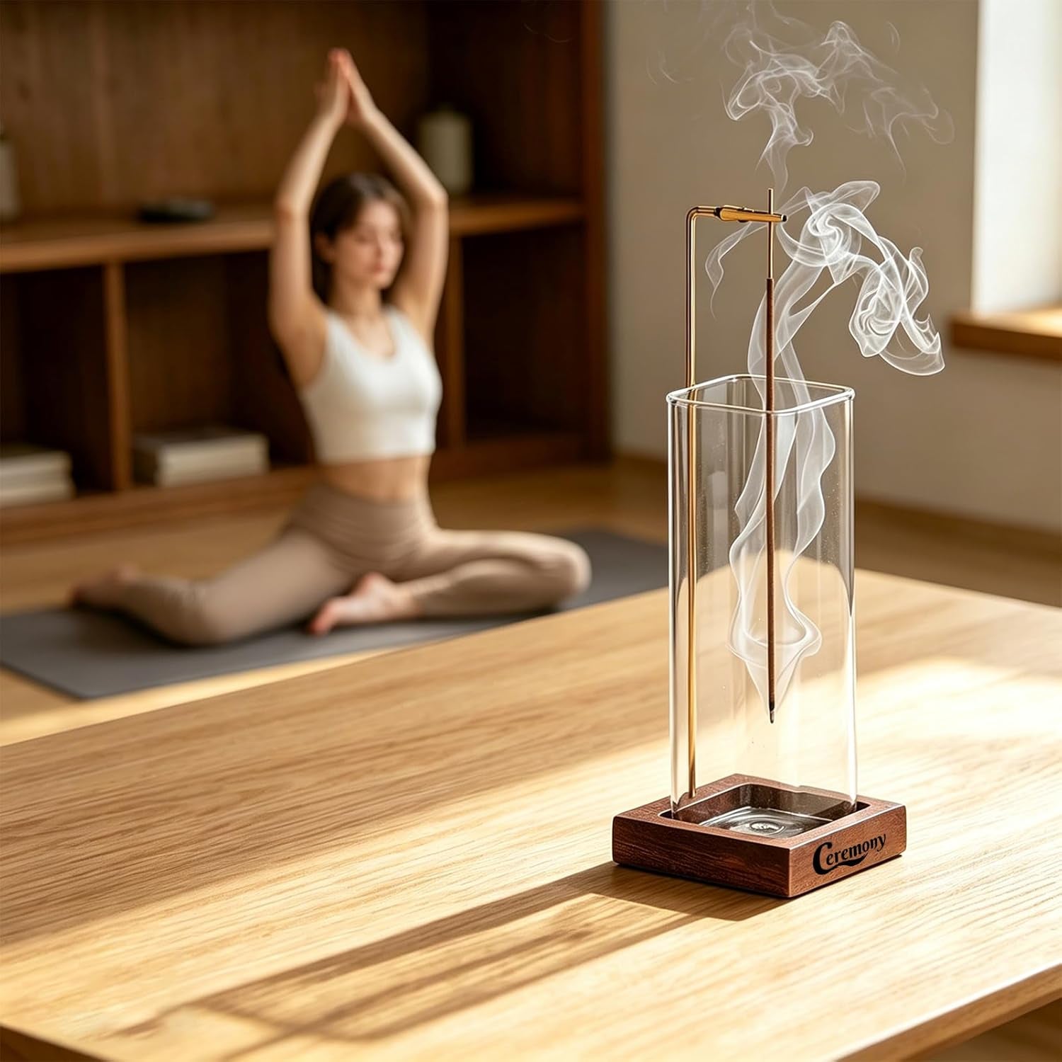 Incense Holder, Wooden Incense Holder for Sticks with Glass Ash Catcher, Anti-Ash Incense Burner with 20 Incense Sticks and a Ash Brush for Meditation Yoga Spa Room Decor