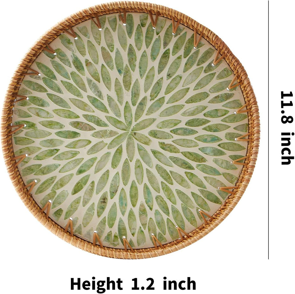 Round Rattan Tray with Mother of Pearl Inlay, Rattan Serving Tray with Wooden Base