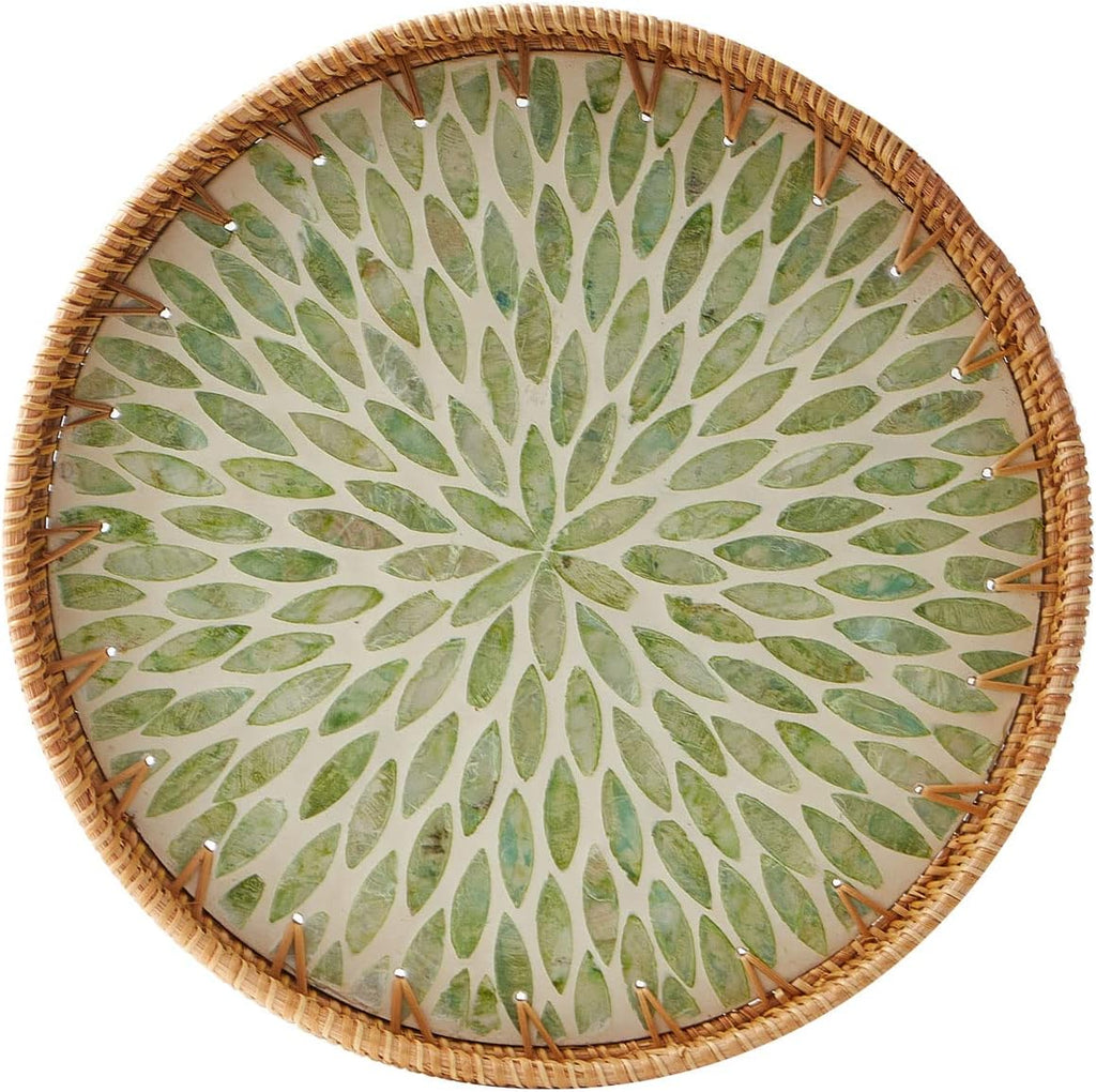 Round Rattan Tray with Mother of Pearl Inlay, Rattan Serving Tray with Wooden Base