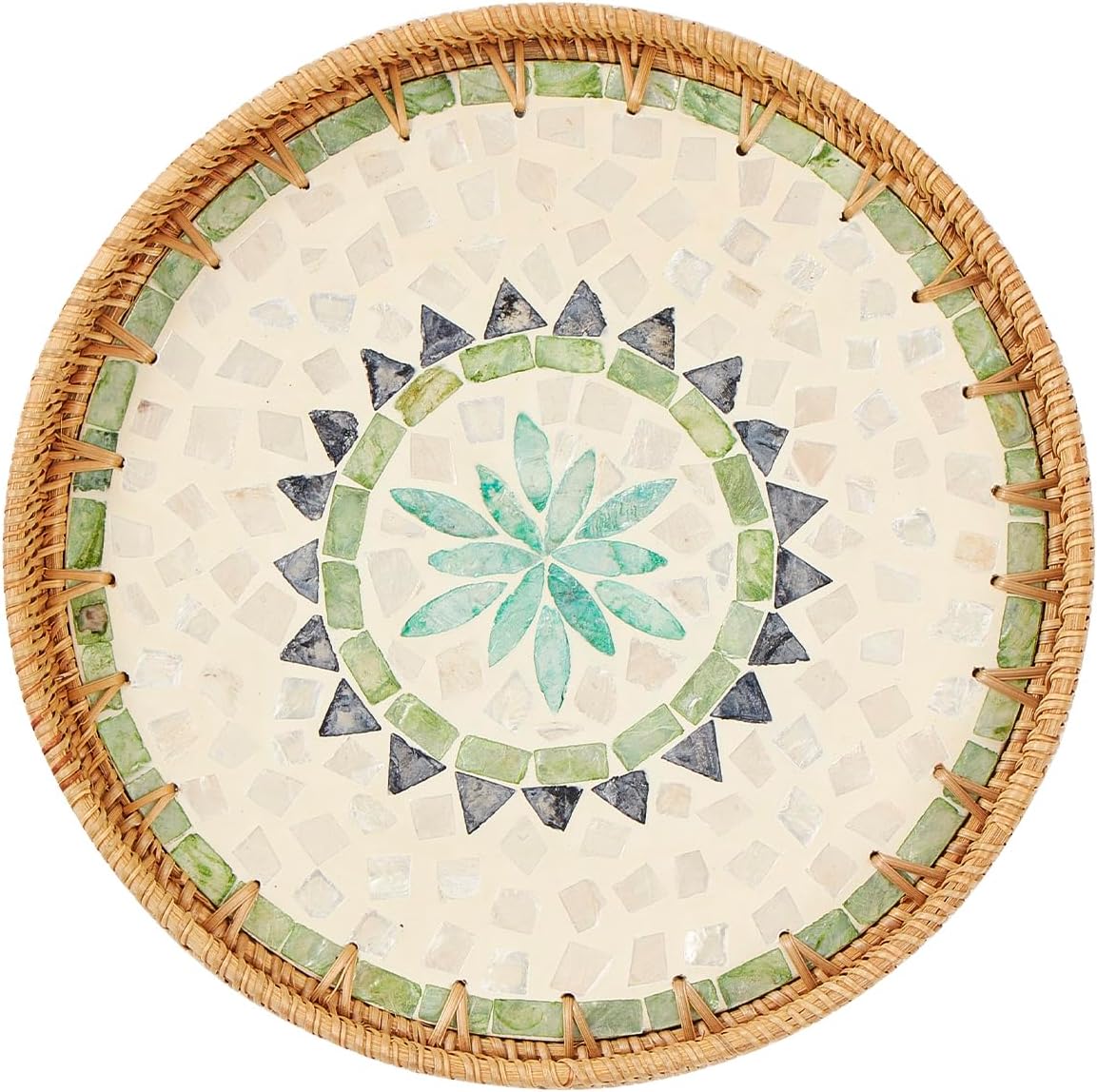 Round Rattan Tray with Mother of Pearl Inlay, Rattan Serving Tray with Wooden Base