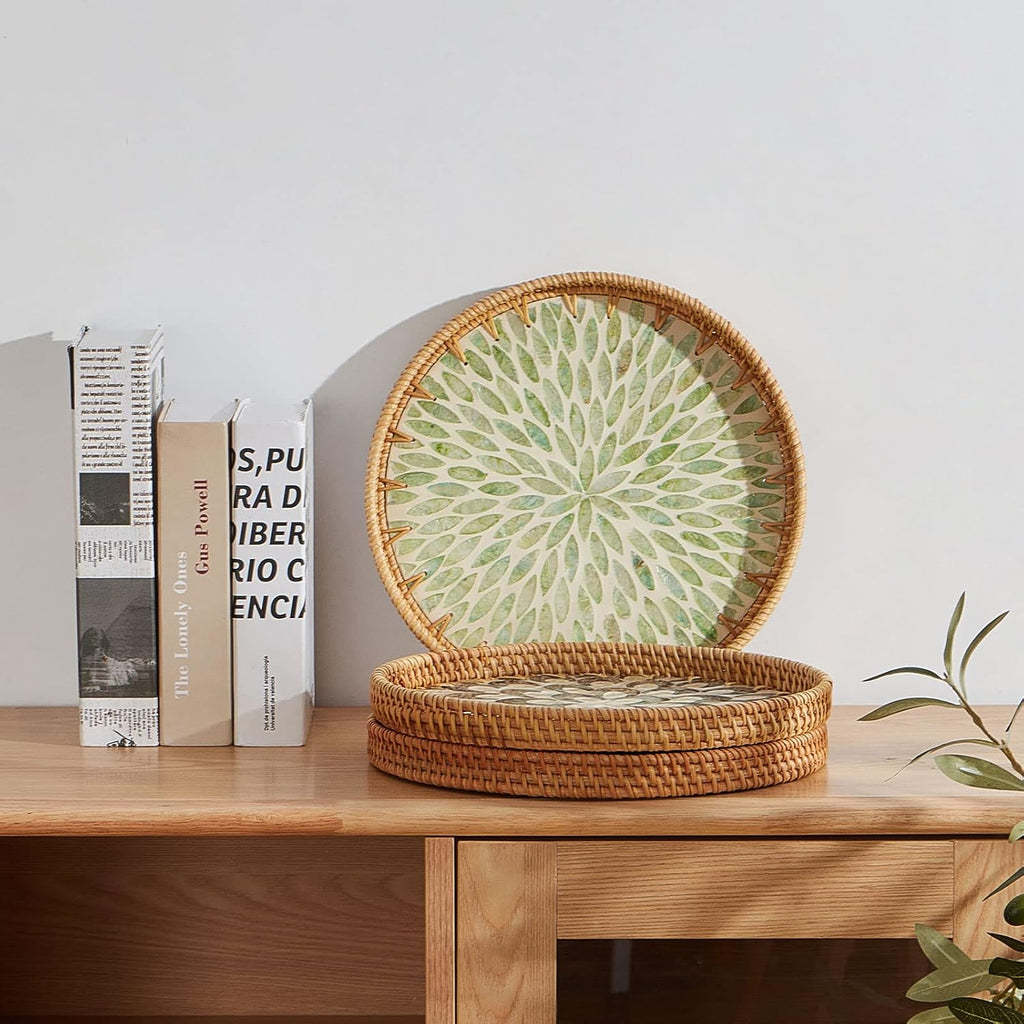 Round Rattan Tray with Mother of Pearl Inlay, Rattan Serving Tray with Wooden Base