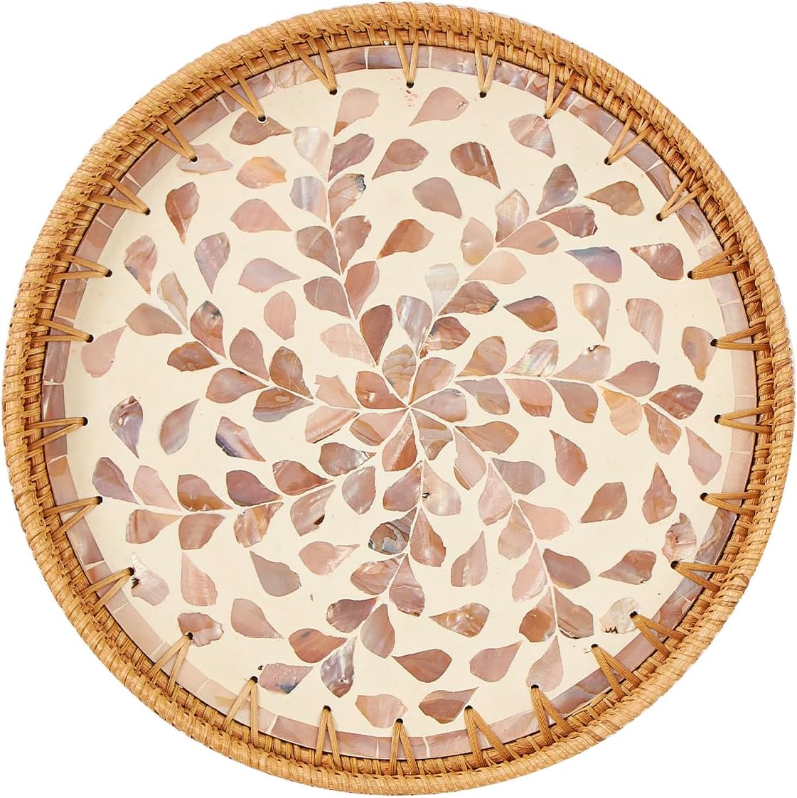 Round Rattan Tray with Mother of Pearl Inlay, Rattan Serving Tray with Wooden Base