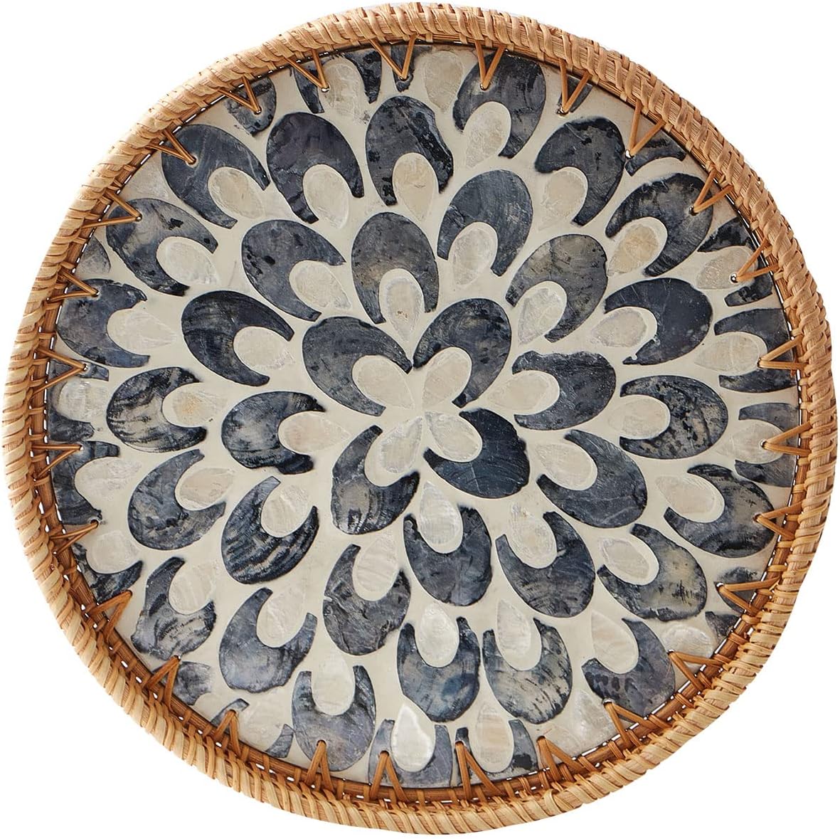 Round Rattan Tray with Mother of Pearl Inlay, Rattan Serving Tray with Wooden Base
