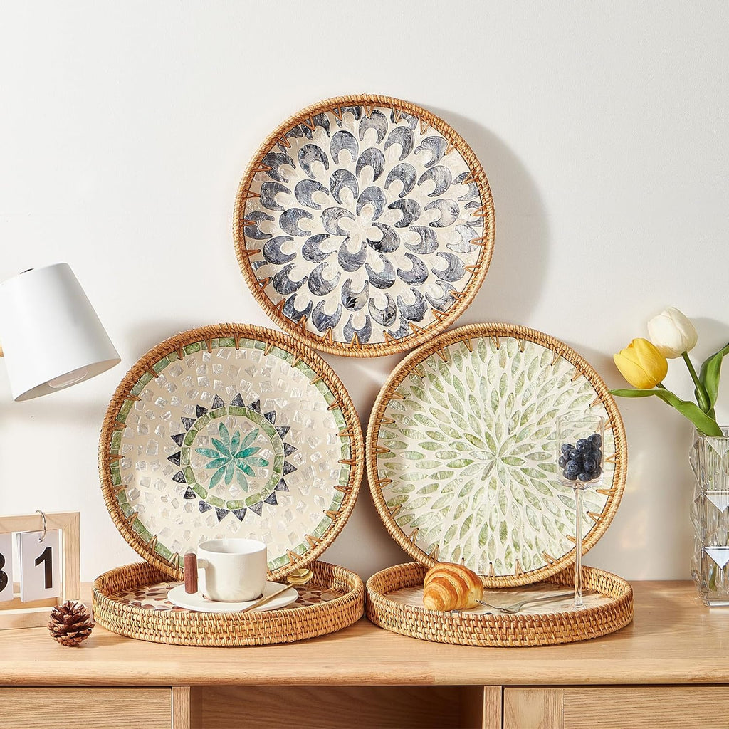 Round Rattan Tray with Mother of Pearl Inlay, Rattan Serving Tray with Wooden Base