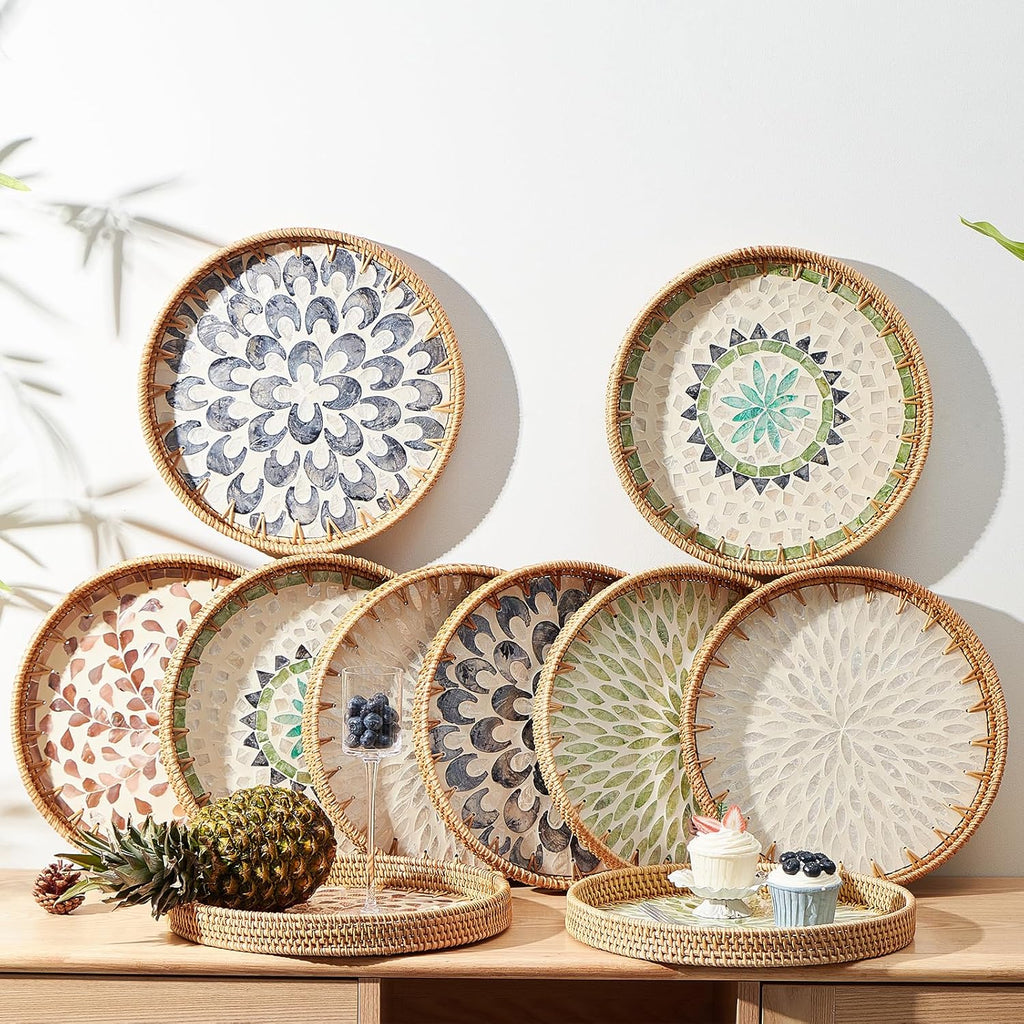 Round Rattan Tray with Mother of Pearl Inlay, Rattan Serving Tray with Wooden Base