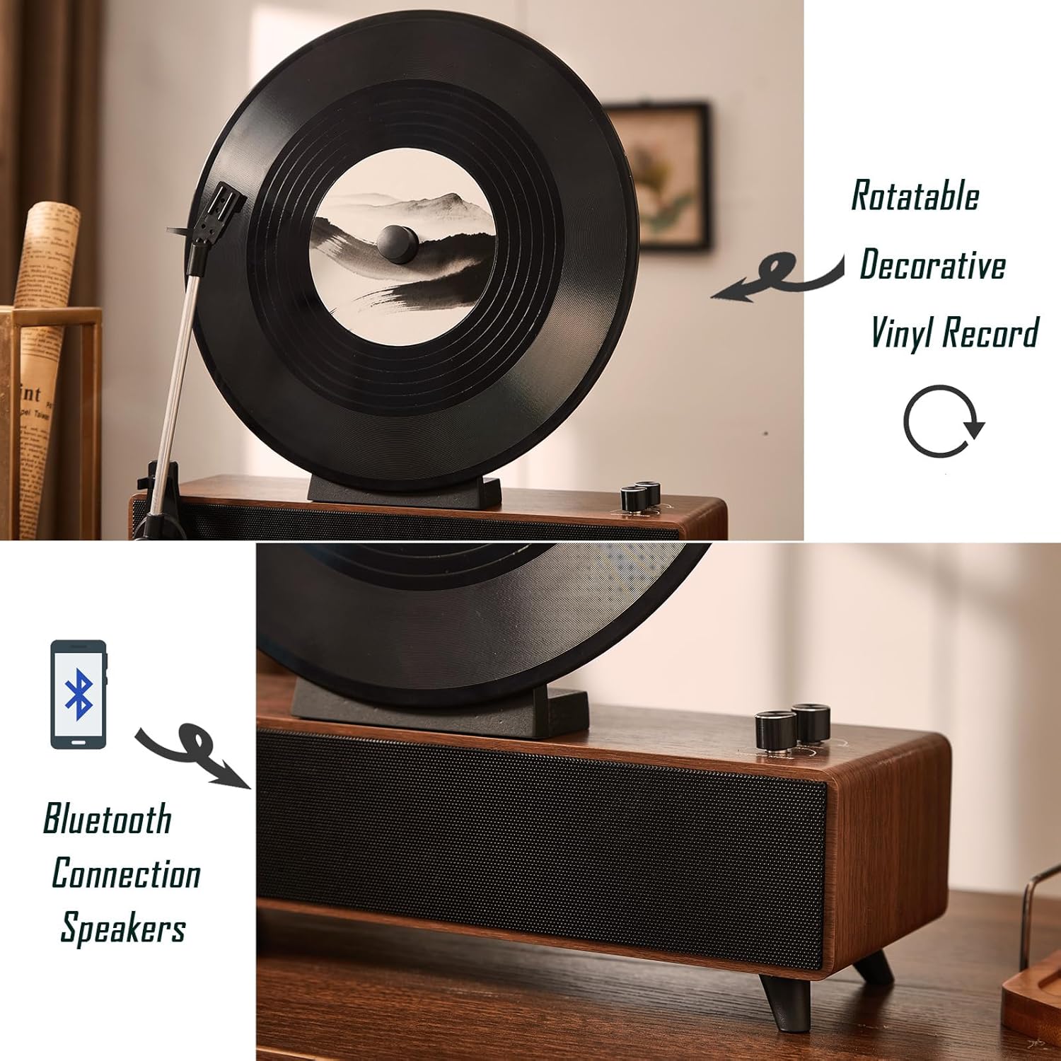 Retro Bluetooth Speaker with Vintage Vertical Record Design, Earthy Aesthetic Home Decor for Kitchen, Bedroom, Apartment, Desk & Shelf (Walnut)