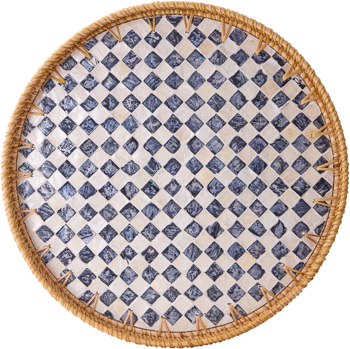 Round Rattan Tray with Mother of Pearl Inlay, Rattan Serving Tray with Wooden Base