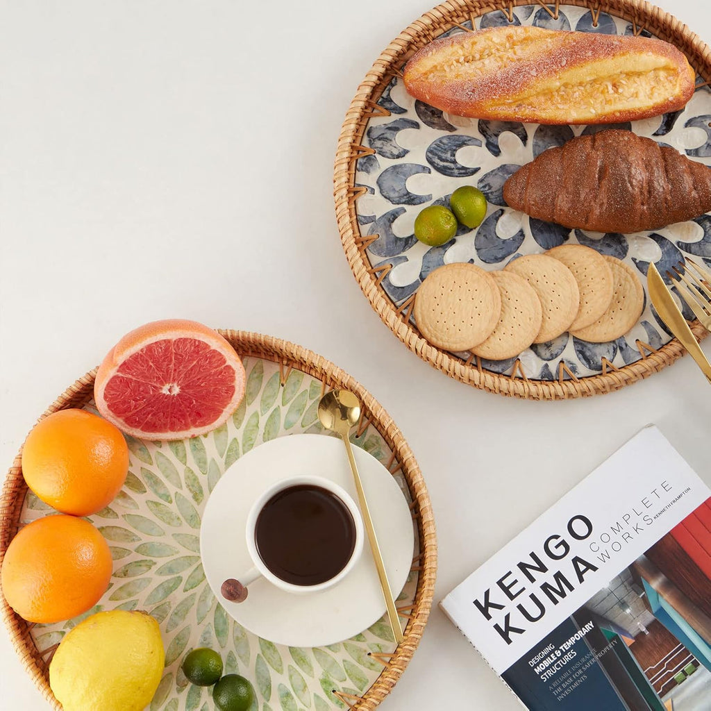 Round Rattan Tray with Mother of Pearl Inlay, Rattan Serving Tray with Wooden Base