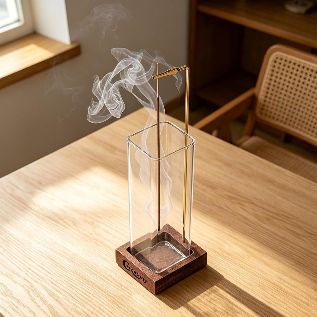 Incense Holder, Wooden Incense Holder for Sticks with Glass Ash Catcher, Anti-Ash Incense Burner with 20 Incense Sticks and a Ash Brush for Meditation Yoga Spa Room Decor