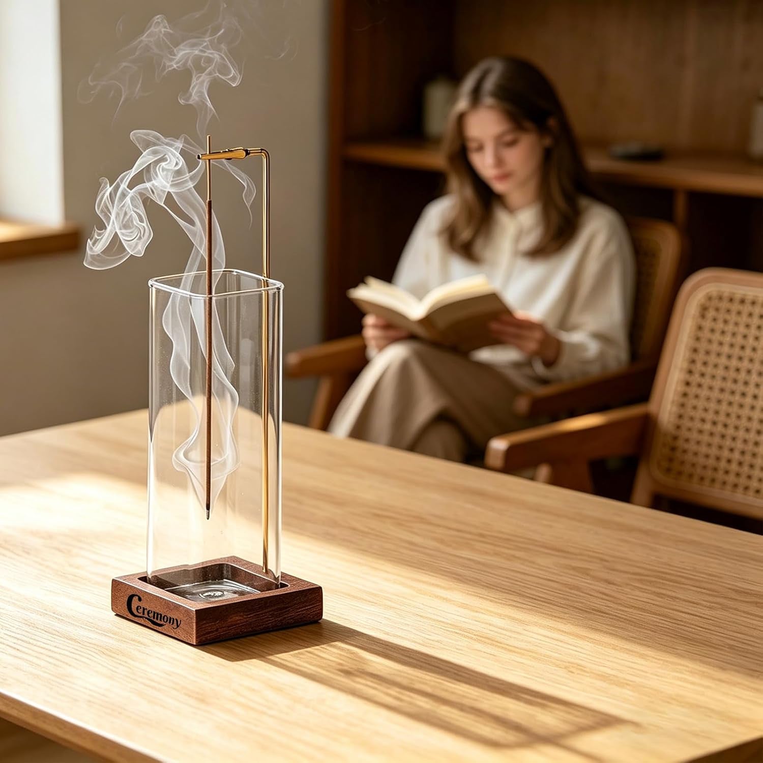 Incense Holder, Wooden Incense Holder for Sticks with Glass Ash Catcher, Anti-Ash Incense Burner with 20 Incense Sticks and a Ash Brush for Meditation Yoga Spa Room Decor